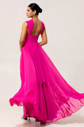Fuchsia A Line Convertible Backless Chiffon Long Bridesmaid Dress with Slit